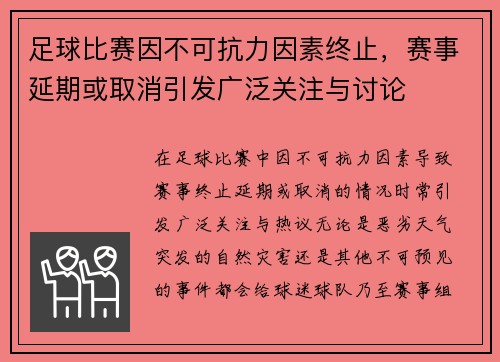 足球比赛因不可抗力因素终止，赛事延期或取消引发广泛关注与讨论