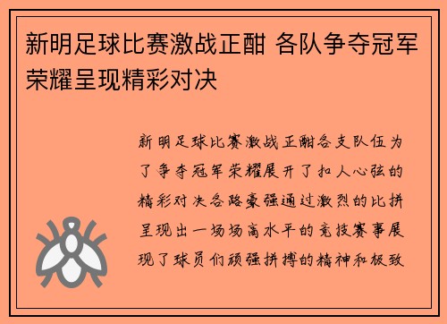 新明足球比赛激战正酣 各队争夺冠军荣耀呈现精彩对决