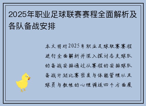 2025年职业足球联赛赛程全面解析及各队备战安排