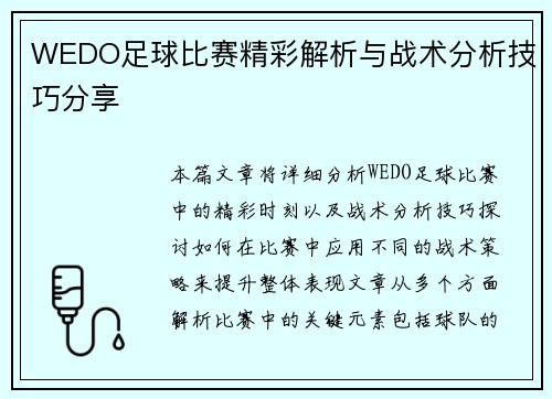 WEDO足球比赛精彩解析与战术分析技巧分享