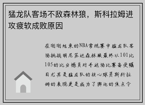 猛龙队客场不敌森林狼，斯科拉姆进攻疲软成败原因