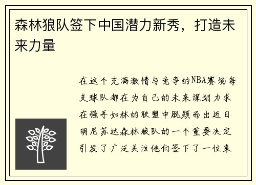 森林狼队签下中国潜力新秀，打造未来力量