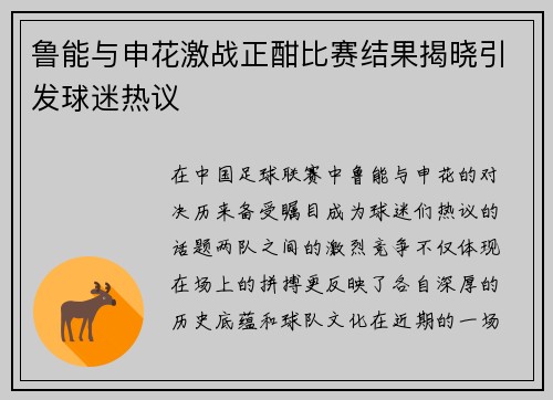 鲁能与申花激战正酣比赛结果揭晓引发球迷热议